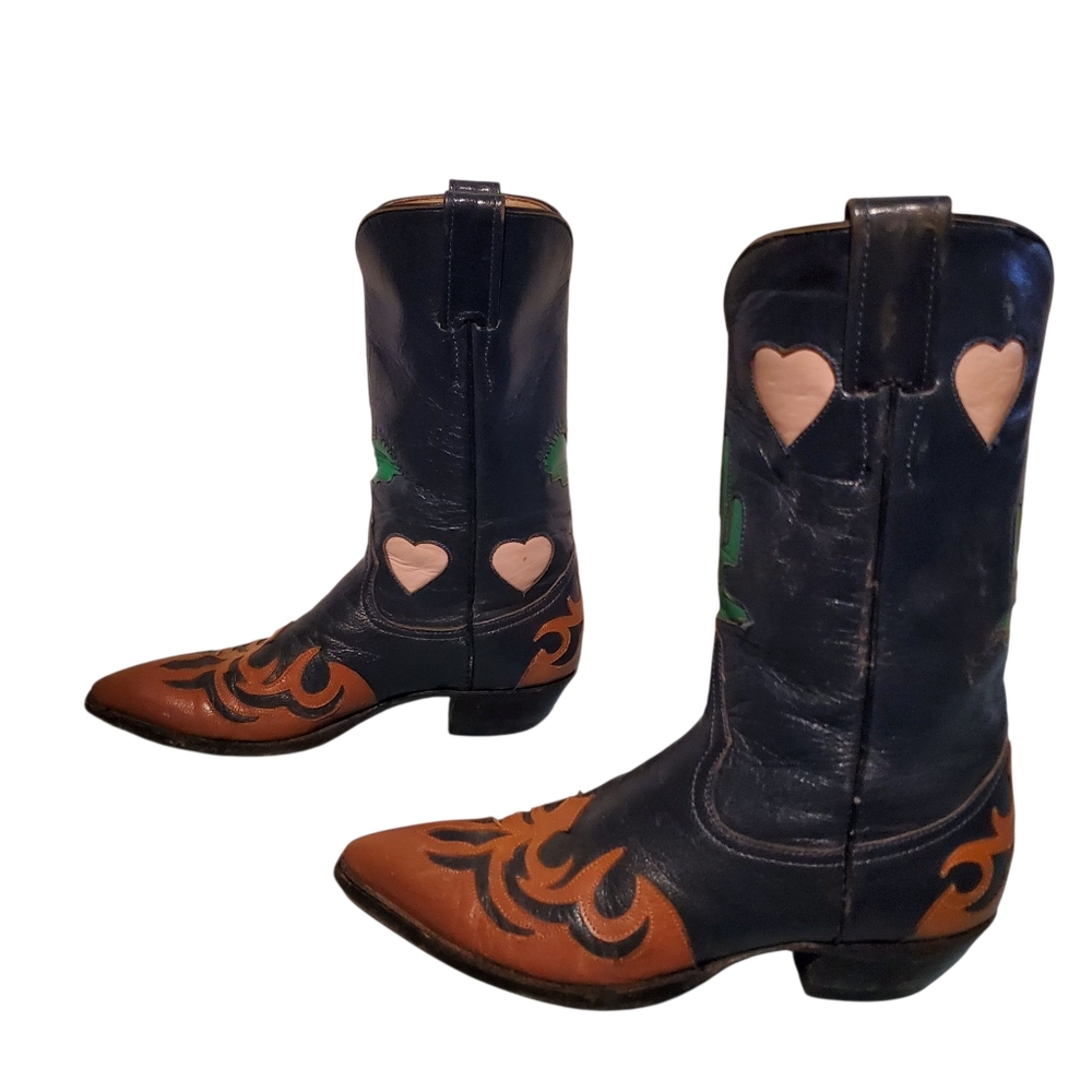 Vintage Larry Mahan Cactus/Heart Inlays Cowboy Western Boots Women's Size 7.5B - Picture 6 of 12